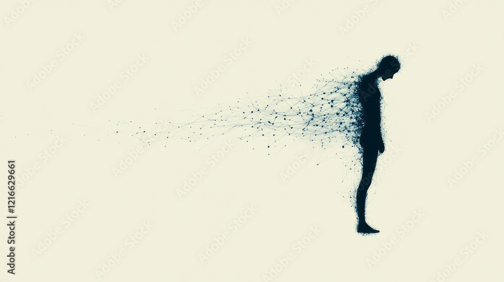 Aufkleber A minimalist digital artwork featuring a silhouette of a person connected to a network of devices, symbolizing the invisible chains of technology dependency,
