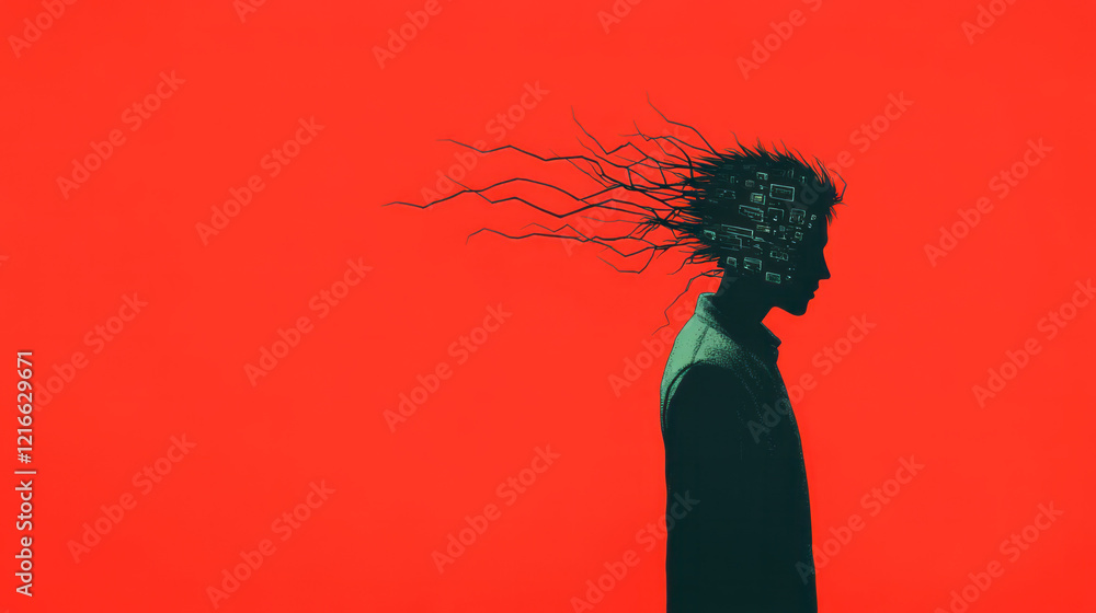 Fototapete a minimalist digital artwork featuring a silhouette of a person connected to a network of devices, s
