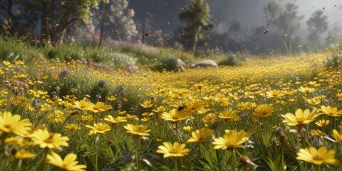 Obraz premium Bees flying towards a yellow patch of flowers, bee farm, bright flowers, insect life