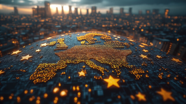 It&rsquo;s a stylized, futuristic scene depicting Europe on the surface of a digital globe