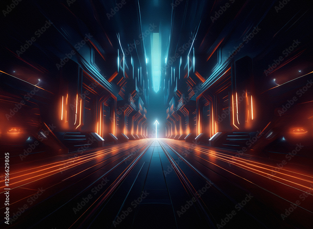 Poster A gritty, futuristic corridor glows with vibrant orange and blue neon lights.  The grainy paper-like texture of the walls adds depth to the scene.  A path leads to a bright light at the far end.
