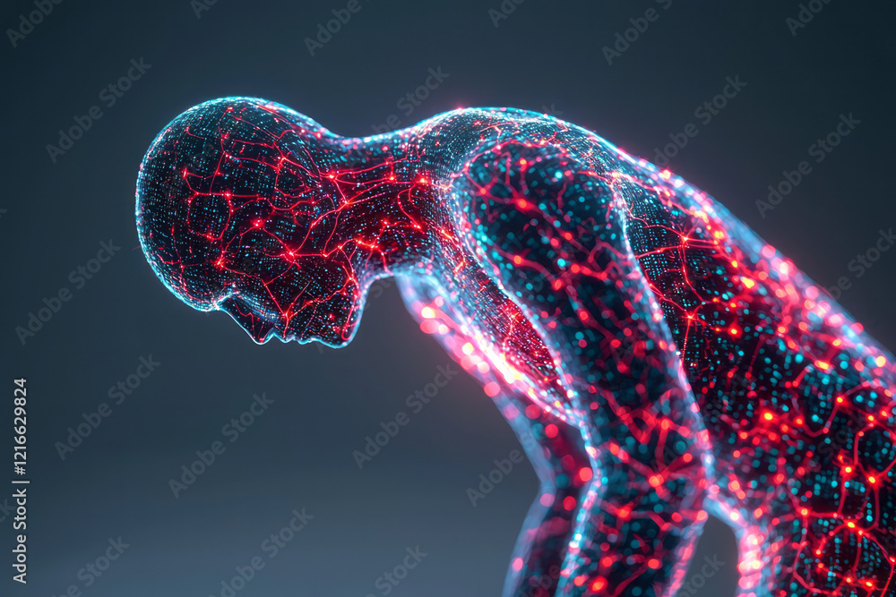 Poster a creative digital illustration of a human figure intertwined with digital data streams, representin