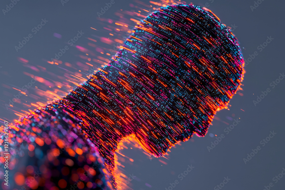 Poster a creative digital illustration of a human figure intertwined with digital data streams, representin