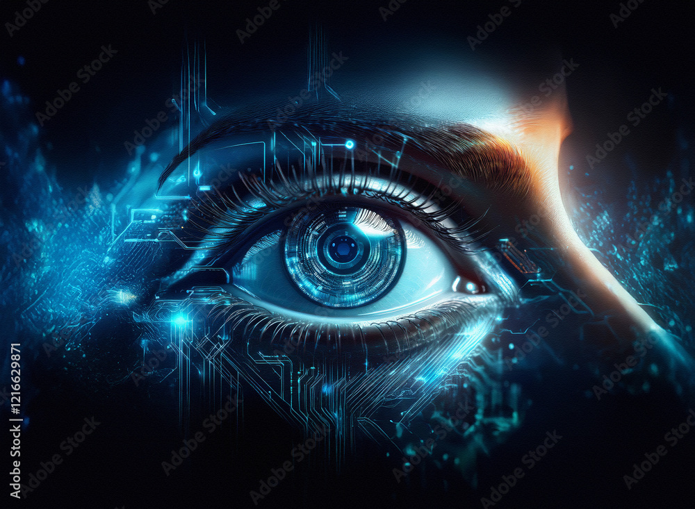 Poster a close-up of a cybernetic eye, rendered with a grainy paper texture. intricate circuitry glows with