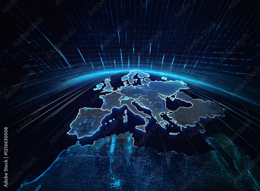 Poster grainy paper texture depicts a digital rendering of europe, glowing with vibrant blue energy lines r