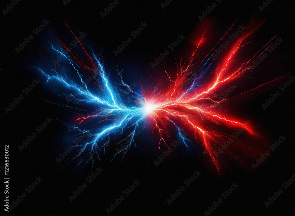 Poster clashing blue and red energy bursts, a fiery, grainy paper texture effect, create a dynamic visual o