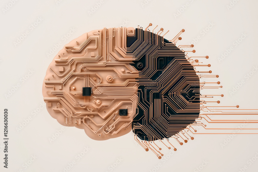 Poster a creative depiction of a brain made up of interconnected circuits and devices, representing the int