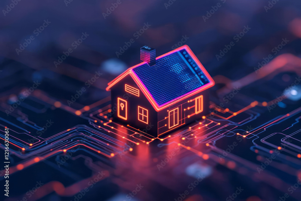 Poster A vibrant photograph of a smart home setup with various interconnected devices, showcasing the increasing dependency on automation and smart technology in everyday life,