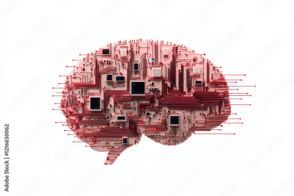 Poster a creative depiction of a brain made up of interconnected circuits and devices, representing the int