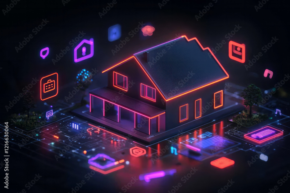 Poster a vibrant photograph of a smart home setup with various interconnected devices, showcasing the incre