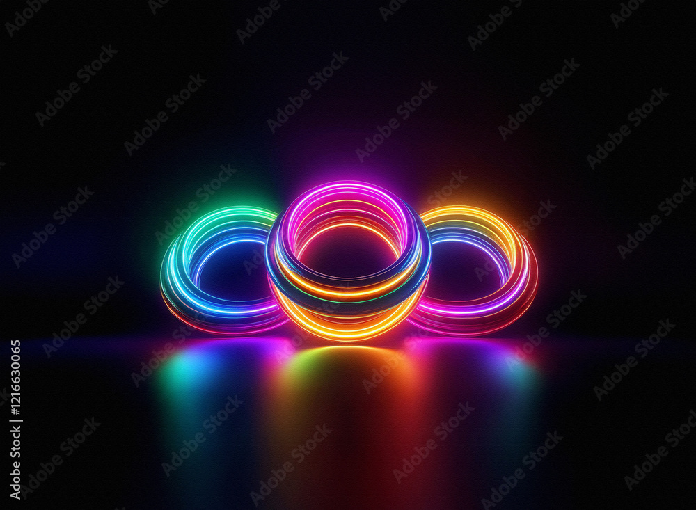 Poster Vibrant, glowing neon rings on a dark, reflective surface.  The grainy paper texture is subtly implied by the image's rendering.