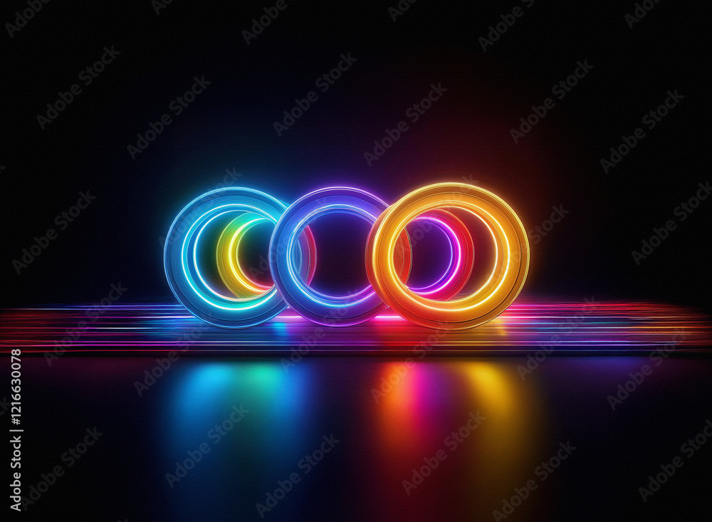 Aufkleber vibrant, interconnected neon rings on a grainy paper-textured surface. their colorful glow reflects 