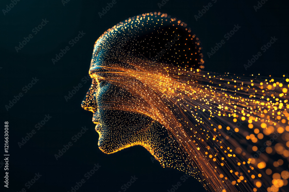 Poster a creative digital illustration of a human figure intertwined with digital data streams, representin