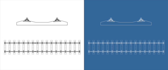 technical wireframe  railway track, showcasing a cross-sectional view and a top-down layout