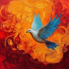 Obraz premium a white and blue dove soars through a fiery abstract background
