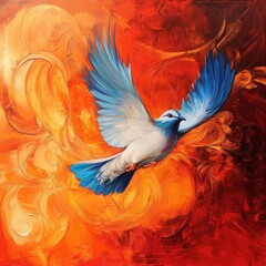 Obraz premium white and blue bird soaring through a vibrant orange and red abstract background