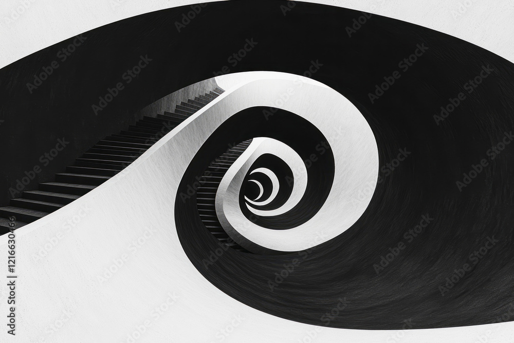 Poster a mesmerizing black and white spiral that creates the illusion of motion when viewed, set against a 