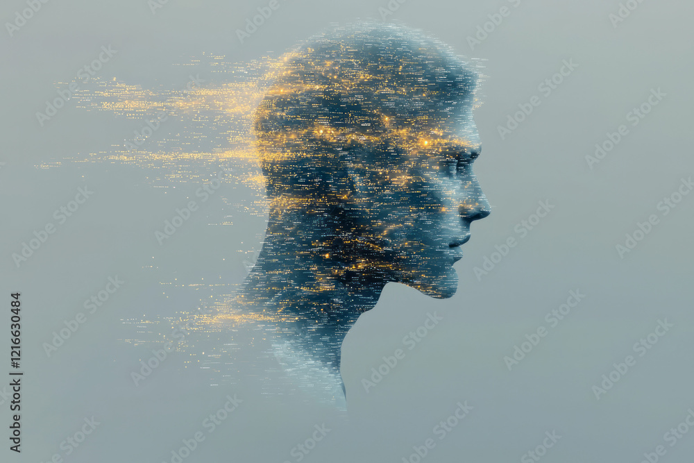 Poster a creative digital illustration of a human figure intertwined with digital data streams, representin