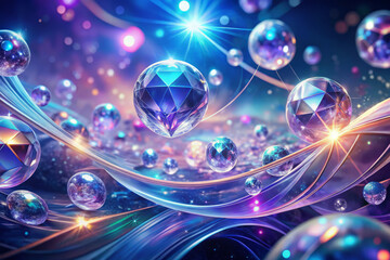 Vibrant iridescent spheres float in cosmic, magical atmosphere