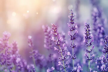 Fototapeta premium A vibrant lavender field stretching endlessly to the horizon, bathed in soft sunlight. The scene embodies tranquility, natural beauty, and perfect harmony with the environment