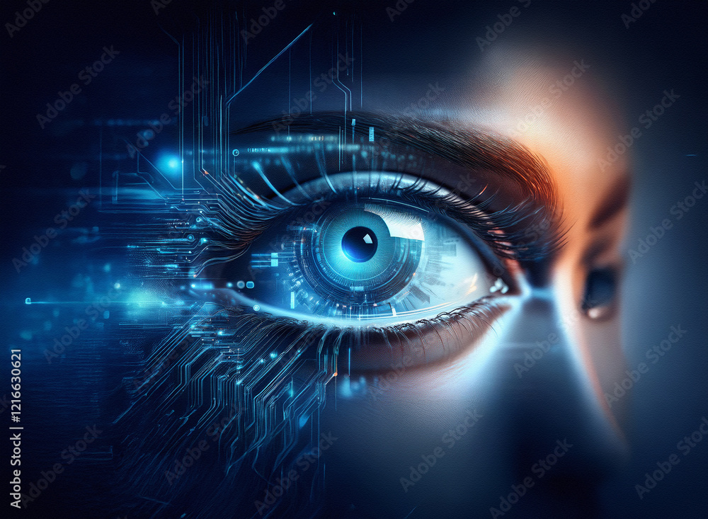 Fototapete close-up of a human eye digitally enhanced with glowing circuit board textures. grainy paper-like ef