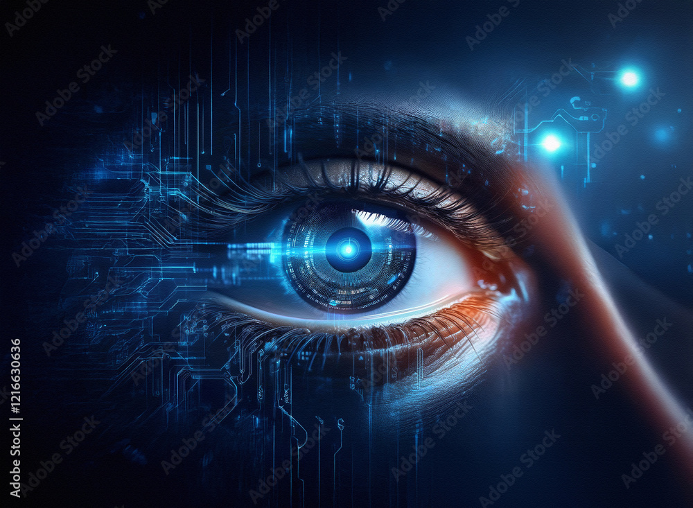 Poster close-up of a digital eye, glowing with circuit patterns on a grainy paper texture. the iris is a me