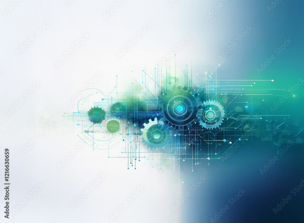 Poster abstract digital art with grainy paper texture. interconnected gears and circuit lines blend in teal