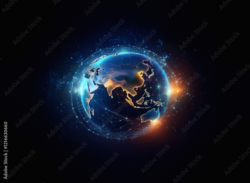 Poster A grainy, textured paper-like effect depicts a digital globe, glowing with nodes and connections, set against a dark background.  The image suggests global networking and connectivity.