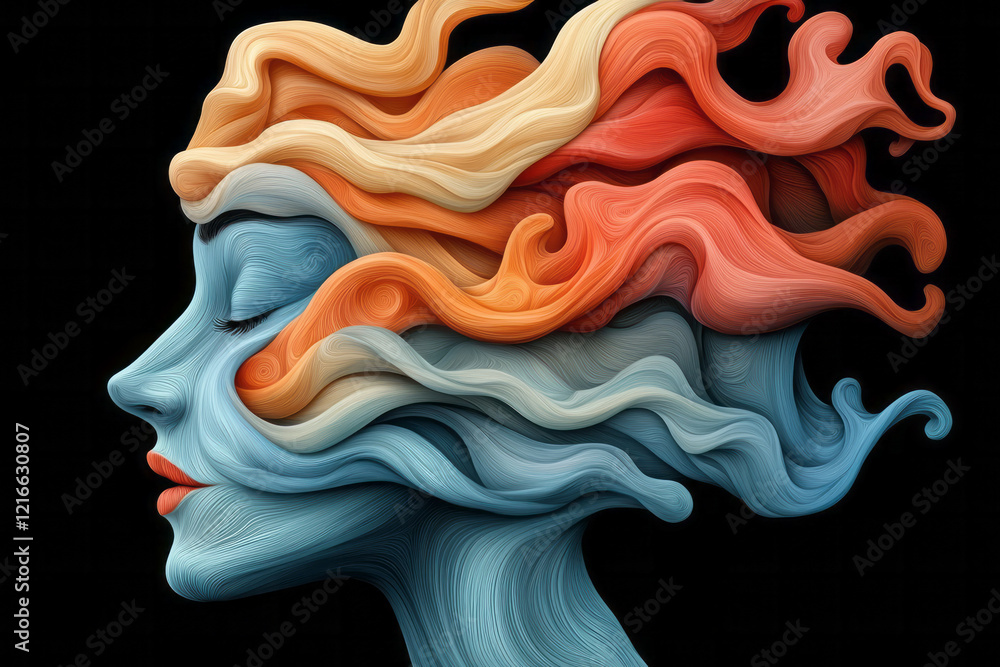 Poster an artistic depiction of a face made up of swirling lines and shapes that morph into different expre