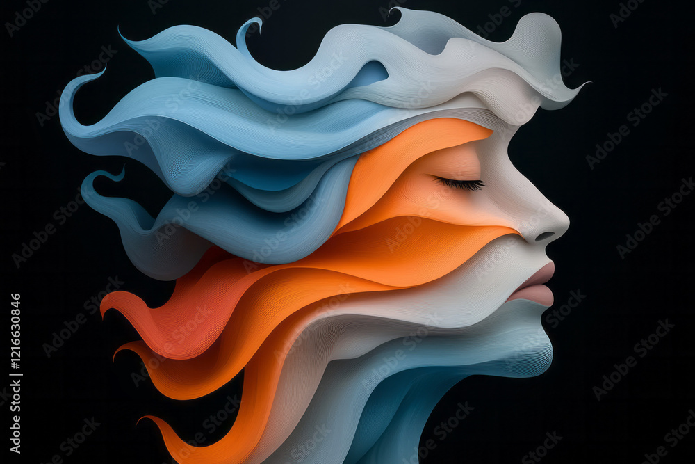 Poster An artistic depiction of a face made up of swirling lines and shapes that morph into different expressions, highlighting the connection between perception and emotion in thinking,