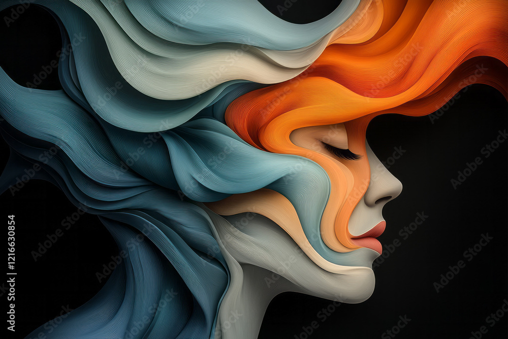 Poster An artistic depiction of a face made up of swirling lines and shapes that morph into different expressions, highlighting the connection between perception and emotion in thinking,