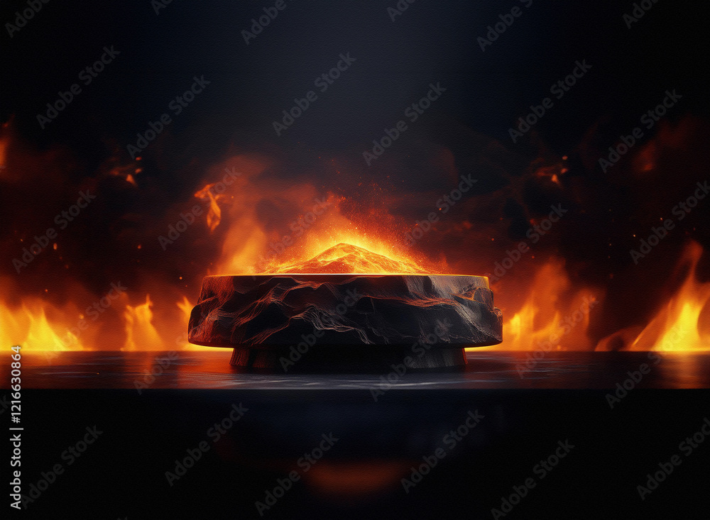 Poster a fiery, glowing stone rests on a dark, griany paper-textured surface, enveloped in flames. the scen