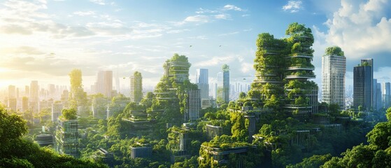 Obraz premium futuristic green city with sustainable architecture and skyscrapers covered in lush vegetation.