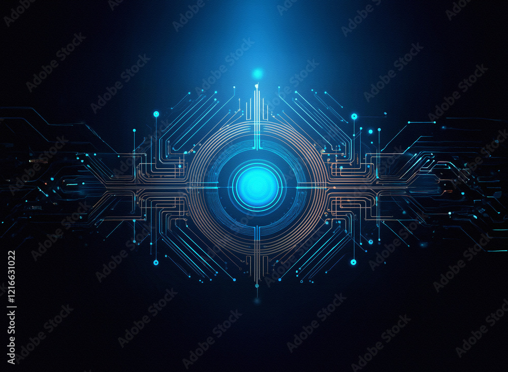Poster Abstract digital circuitry design. Glowing blue lines on a dark background, resembling a target.  Granular paper texture effect is subtly present.