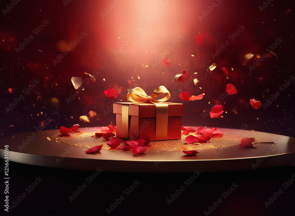 Aufkleber a red gift box with a gold ribbon sits on a circular platform, surrounded by rose petals and shimmer