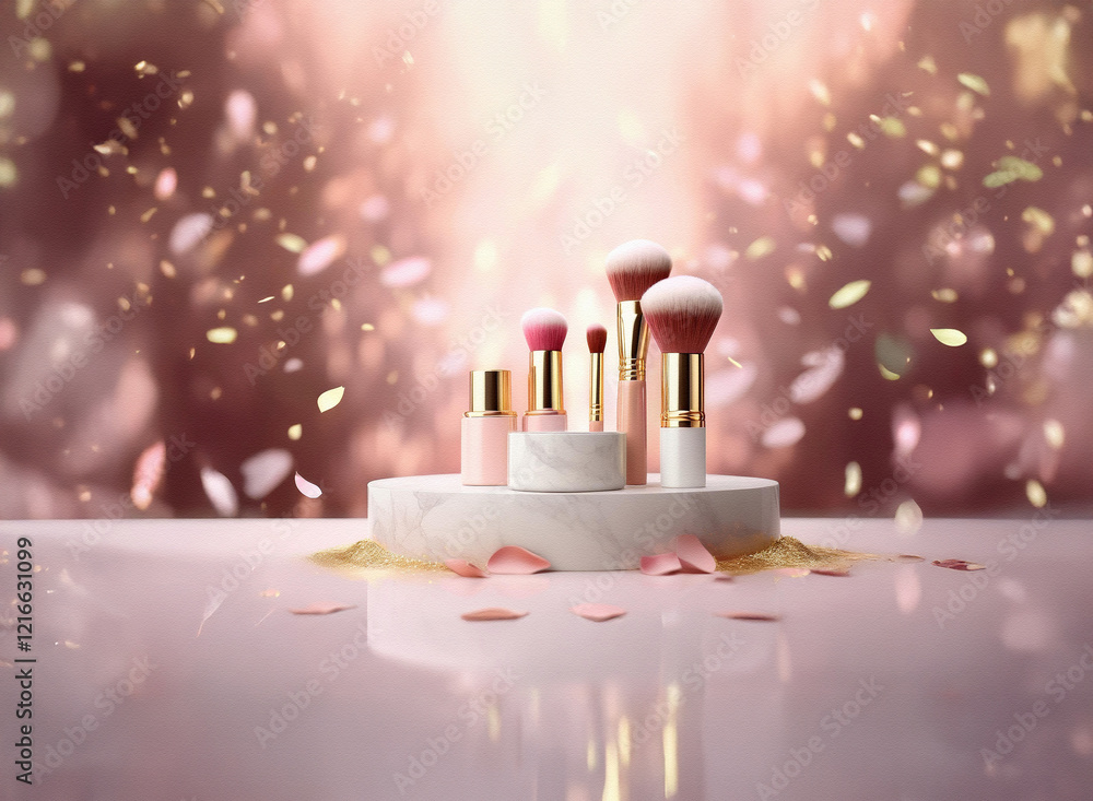 Poster a set of makeup brushes and cosmetics displayed on a marble pedestal, surrounded by confetti and pet