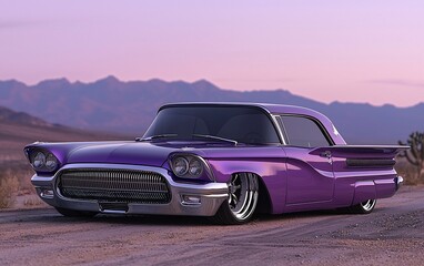 Purple classic car in desert at sunset.