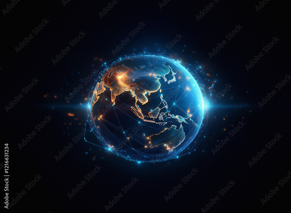 Poster A grainy, textured paper-like globe depicts global connectivity, illuminated with glowing lines and nodes against a dark background.  The image suggests a network or interconnected world.