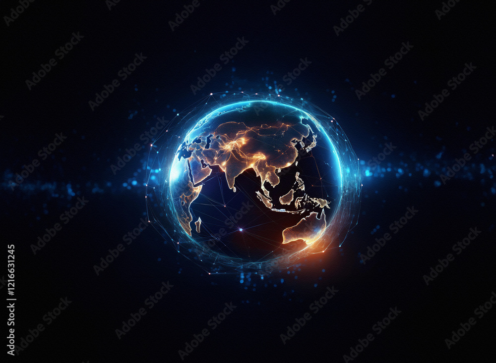 Poster a grainy paper texture effect depicts a glowing digital globe, showcasing illuminated city lights an