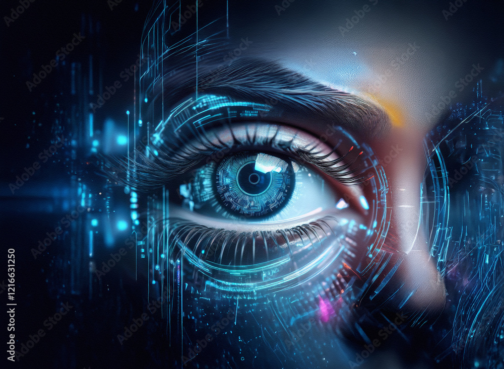 Poster Close-up of a woman's eye, digitally enhanced with glowing circuit patterns.  Granular paper texture effect adds depth.  Cybernetic, futuristic feel.