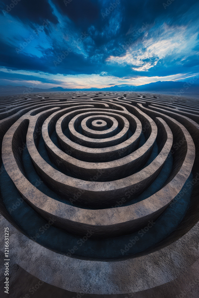 Poster an artistic portrayal of a labyrinth with optical illusions that make the pathways appear to twist a