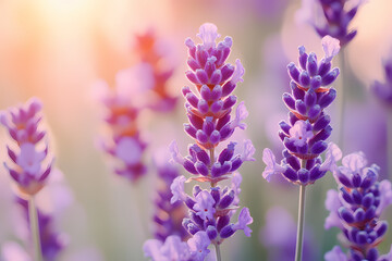 A vibrant lavender field stretching to the horizon, illuminated by soft sunlight. A symbol of tranquility, beauty, and harmony with nature
