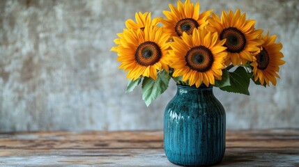 Sunflowers in teal vase, rustic wood, textured wall, autumnal
