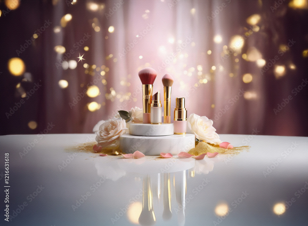 Poster Elegant makeup brushes and cosmetics displayed on a marble stand, adorned with roses and shimmering bokeh.  Granular paper texture adds depth.