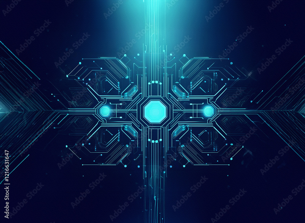Aufkleber glowing blue circuit design on a grainy paper texture background. abstract technological artwork wit