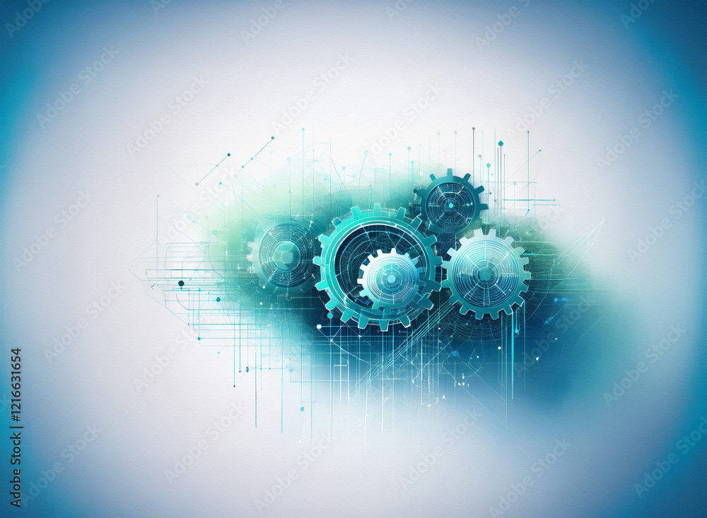 Poster abstract image of teal gears interlocked, set against a grainy paper texture background with a soft 