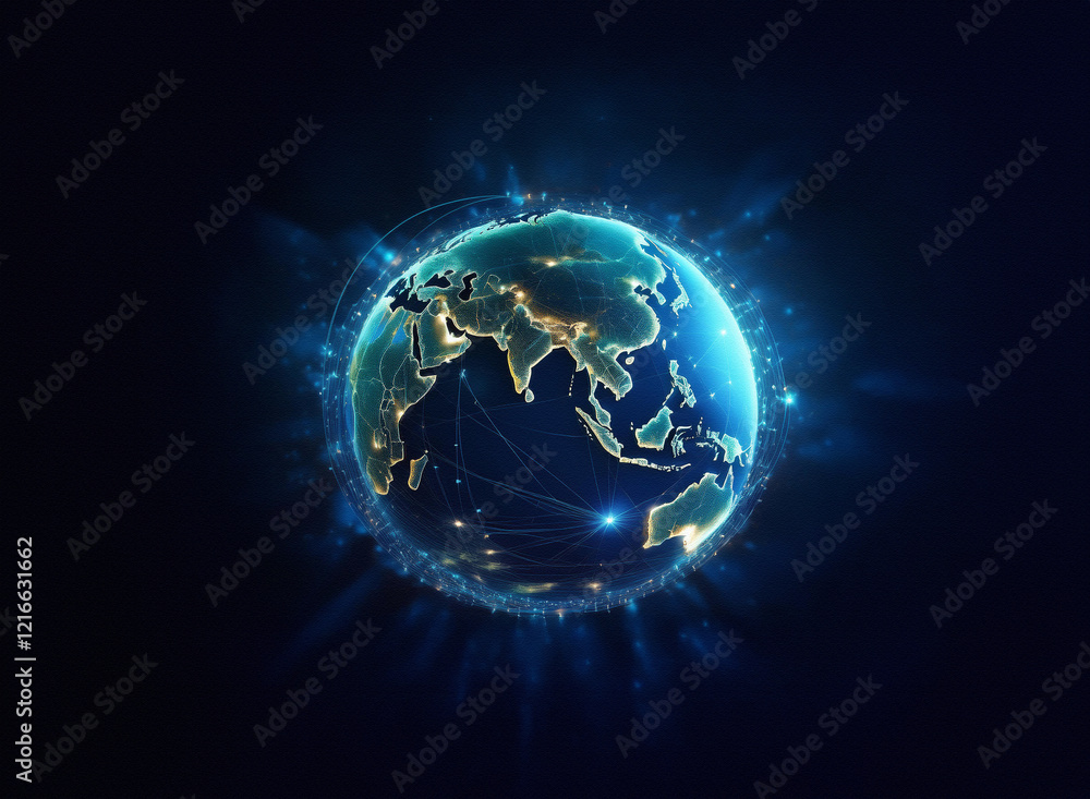 Poster a grainy, textured paper-like depiction of the earth, glowing with interconnected nodes of light, re