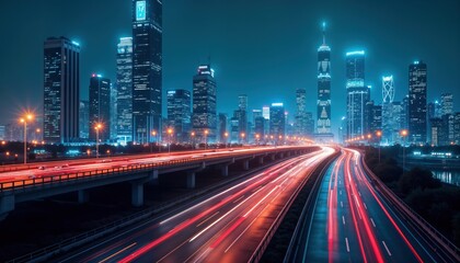 Fototapeta premium Futuristic cityscape at night. High-rise buildings illuminated by neon lights. Highway with traffic moving fast. Advanced infrastructure. Modern urban design. Urban innovation in smart city concept.