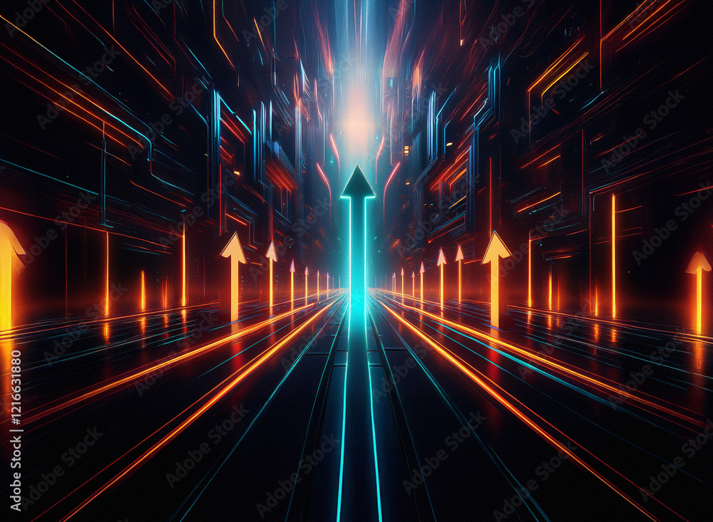 Poster a vibrant, glowing digital artwork featuring a futuristic corridor with upward-pointing arrows. the 