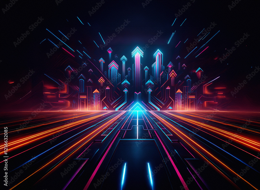 Poster Glowing neon arrows ascend on a grainy paper texture, forming a futuristic, dynamic pathway of light and speed.  The vibrant colors create a sense of upward movement and progress.
